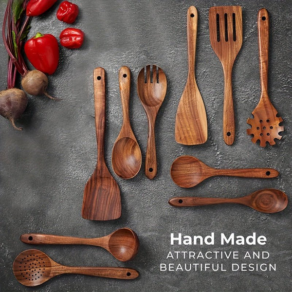 10pcs, Premium Teak Wood Cooking Utensil Set, Non - Stick Friendly, Heat - Resistant, Ergonomic Handles For Comfortable Grip, Ideal For Stirring, Baking, Serving, And Cooking With Ease - Eco Explorer Hub