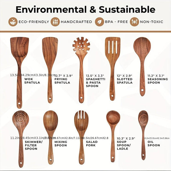 10pcs, Premium Teak Wood Cooking Utensil Set, Non - Stick Friendly, Heat - Resistant, Ergonomic Handles For Comfortable Grip, Ideal For Stirring, Baking, Serving, And Cooking With Ease - Eco Explorer Hub