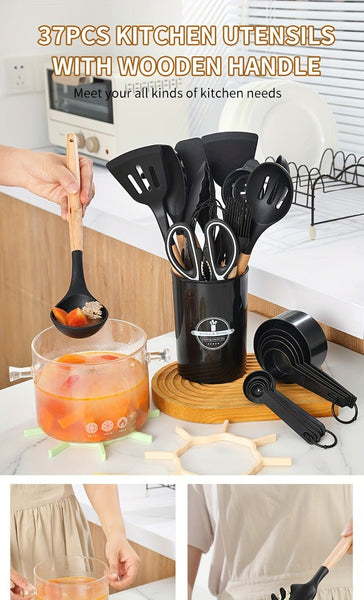 12/pcs, 37pcs, BPA FREE Silicone Cooking Utensils Set With Wooden Handle, Colorful Non - stick Pot Special Cooking Tools Set, Heat Resistant Turner, Tongs, Spatula, Spoon, Oil Brush And Whisk, Kitchen Supplies, Kitchen Supplies - Eco Explorer Hub