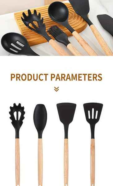 12/pcs, 37pcs, BPA FREE Silicone Cooking Utensils Set With Wooden Handle, Colorful Non - stick Pot Special Cooking Tools Set, Heat Resistant Turner, Tongs, Spatula, Spoon, Oil Brush And Whisk, Kitchen Supplies, Kitchen Supplies - Eco Explorer Hub