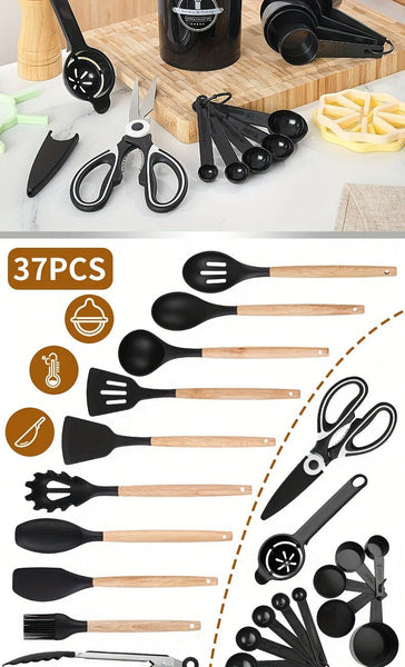 12/pcs, 37pcs, BPA FREE Silicone Cooking Utensils Set With Wooden Handle, Colorful Non - stick Pot Special Cooking Tools Set, Heat Resistant Turner, Tongs, Spatula, Spoon, Oil Brush And Whisk, Kitchen Supplies, Kitchen Supplies - Eco Explorer Hub