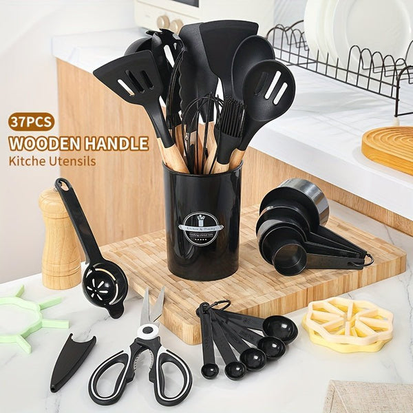 12/pcs, 37pcs, BPA FREE Silicone Cooking Utensils Set With Wooden Handle, Colorful Non - stick Pot Special Cooking Tools Set, Heat Resistant Turner, Tongs, Spatula, Spoon, Oil Brush And Whisk, Kitchen Supplies, Kitchen Supplies - Eco Explorer Hub