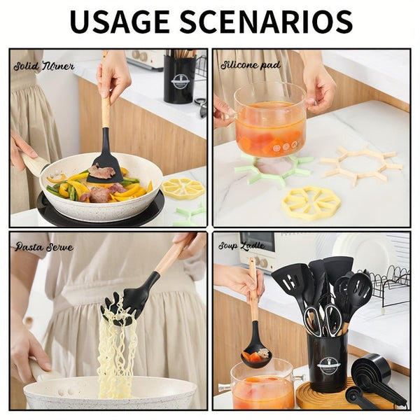 12/pcs, 37pcs, BPA FREE Silicone Cooking Utensils Set With Wooden Handle, Colorful Non - stick Pot Special Cooking Tools Set, Heat Resistant Turner, Tongs, Spatula, Spoon, Oil Brush And Whisk, Kitchen Supplies, Kitchen Supplies - Eco Explorer Hub