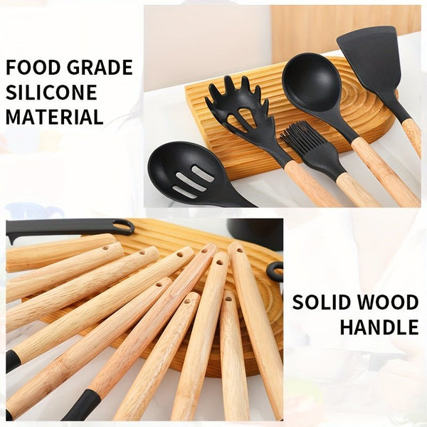 12/pcs, 37pcs, BPA FREE Silicone Cooking Utensils Set With Wooden Handle, Colorful Non - stick Pot Special Cooking Tools Set, Heat Resistant Turner, Tongs, Spatula, Spoon, Oil Brush And Whisk, Kitchen Supplies, Kitchen Supplies - Eco Explorer Hub