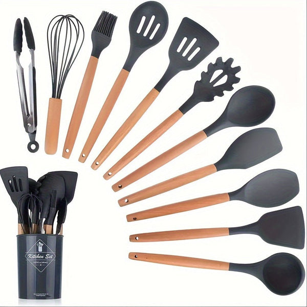 12/pcs, 37pcs, BPA FREE Silicone Cooking Utensils Set With Wooden Handle, Colorful Non - stick Pot Special Cooking Tools Set, Heat Resistant Turner, Tongs, Spatula, Spoon, Oil Brush And Whisk, Kitchen Supplies, Kitchen Supplies - Eco Explorer Hub