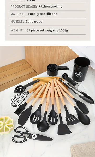 12/pcs, 37pcs, BPA FREE Silicone Cooking Utensils Set With Wooden Handle, Colorful Non - stick Pot Special Cooking Tools Set, Heat Resistant Turner, Tongs, Spatula, Spoon, Oil Brush And Whisk, Kitchen Supplies, Kitchen Supplies - Eco Explorer Hub