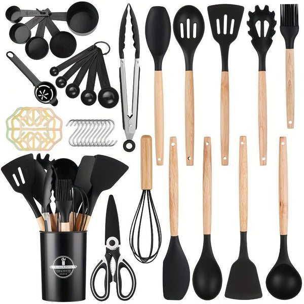 12/pcs, 37pcs, BPA FREE Silicone Cooking Utensils Set With Wooden Handle, Colorful Non - stick Pot Special Cooking Tools Set, Heat Resistant Turner, Tongs, Spatula, Spoon, Oil Brush And Whisk, Kitchen Supplies, Kitchen Supplies - Eco Explorer Hub