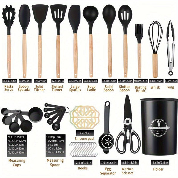 12/pcs, 37pcs, BPA FREE Silicone Cooking Utensils Set With Wooden Handle, Colorful Non - stick Pot Special Cooking Tools Set, Heat Resistant Turner, Tongs, Spatula, Spoon, Oil Brush And Whisk, Kitchen Supplies, Kitchen Supplies - Eco Explorer Hub