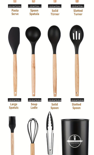 12/pcs, 37pcs, BPA FREE Silicone Cooking Utensils Set With Wooden Handle, Colorful Non - stick Pot Special Cooking Tools Set, Heat Resistant Turner, Tongs, Spatula, Spoon, Oil Brush And Whisk, Kitchen Supplies, Kitchen Supplies - Eco Explorer Hub