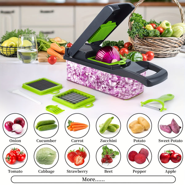 16 Piece Set, Vegetable Chopper, Multifunctional Fruit Slicer, Handle Food Grater, Vegetable Slicer, Cutter with Container, Onion Chopper with Multiple Interchangeable Blades, Household Potato Slicer, Kitchenware, Kitchen Ute - Eco Explorer Hub