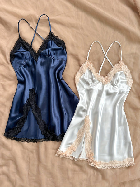 2 Pcs Solid Satin Lace Trim Nightgown, Sexy V Neck Cross Strappy Backless Split Hem Slip Dress, Women's Sleepwear - Eco Explorer Hub