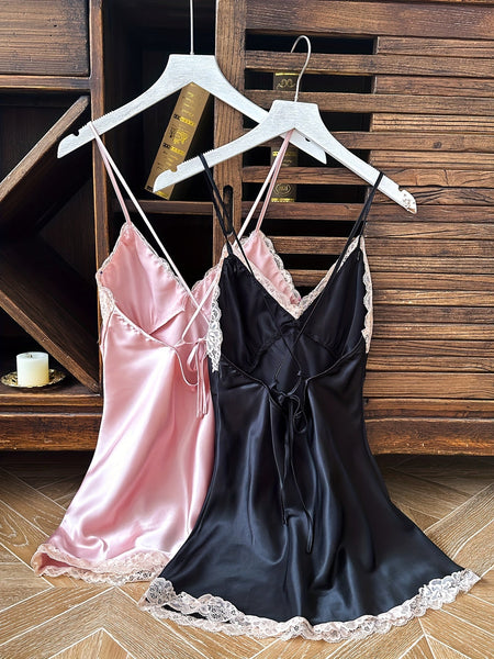 2 Pcs Solid Satin Lace Trim Nightgown, Sexy V Neck Cross Strappy Backless Split Hem Slip Dress, Women's Sleepwear - Eco Explorer Hub