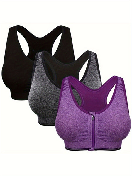 3pcs Women's Slim Fit Front Pull Wireless Full Coverage Support Bra, Women's Solid Color Gathering Bra, Soft, Comfortable, Elegant Bra, Women's Front Zipper Yoga Bra, Suitable for Daily Use or Exercise - Eco Explorer Hub