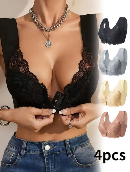 4 - pack Elegant Floral Lace Push - up Bra - Comfortable Wire - free Design, Medium Support, Fashion Front Opening, Wide Straps And Jacquard Pattern - Perfect For Adult Women's Daily Wear, Home, Dating And Other Scenes - Eco Explorer Hub