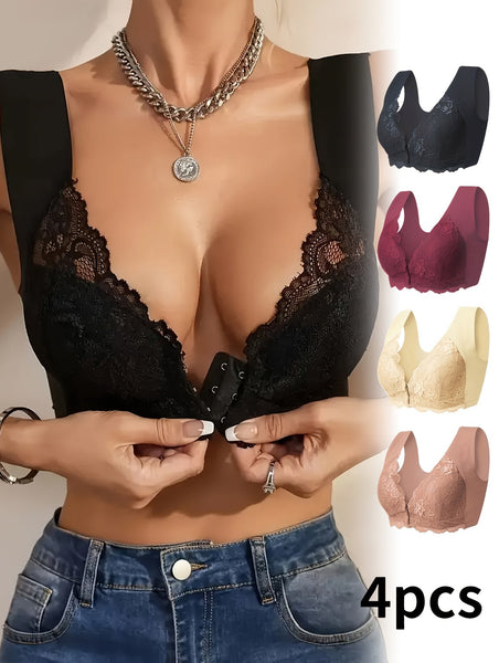 4 - pack Elegant Floral Lace Push - up Bra - Comfortable Wire - free Design, Medium Support, Fashion Front Opening, Wide Straps And Jacquard Pattern - Perfect For Adult Women's Daily Wear, Home, Dating And Other Scenes - Eco Explorer Hub