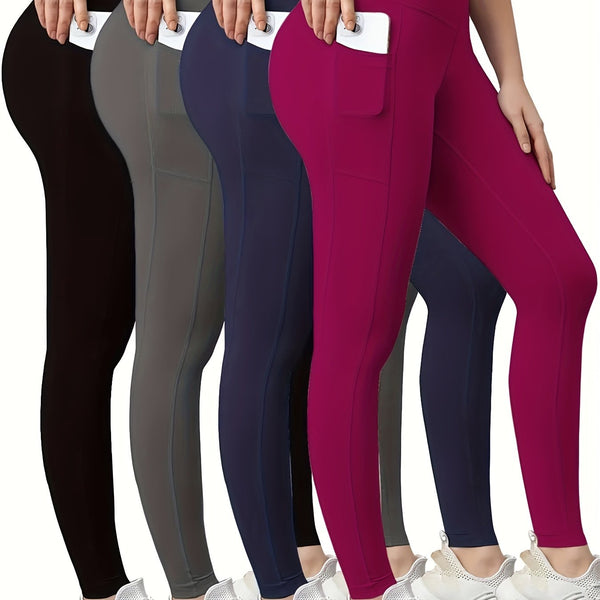 4pcs Vibrant Solid Color High Waist Sports Leggings - Women's Fitness Pants With Pocket For Running, Yoga, And Activewear - Moisture - Wicking, Comfortable, And Stylish - Eco Explorer Hub