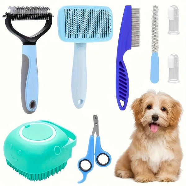 8pcs Dog Grooming Kit: Stainless Steel Pet Grooming Tools With Nail Clippers & File, Flea Comb, Shampoo Bath Brush, De - shedding Brush, De - matting Comb, Silicone Toothbrush - Eco Explorer Hub