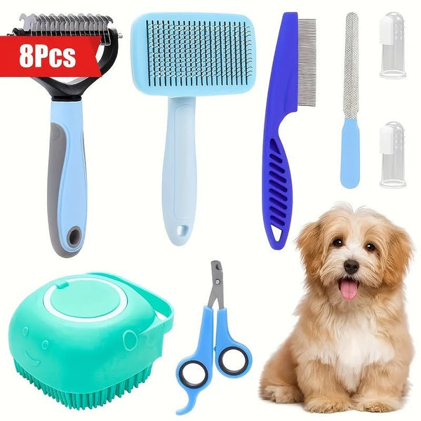 8pcs Dog Grooming Kit: Stainless Steel Pet Grooming Tools With Nail Clippers & File, Flea Comb, Shampoo Bath Brush, De - shedding Brush, De - matting Comb, Silicone Toothbrush - Eco Explorer Hub