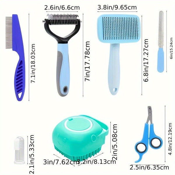 8pcs Dog Grooming Kit: Stainless Steel Pet Grooming Tools With Nail Clippers & File, Flea Comb, Shampoo Bath Brush, De - shedding Brush, De - matting Comb, Silicone Toothbrush - Eco Explorer Hub