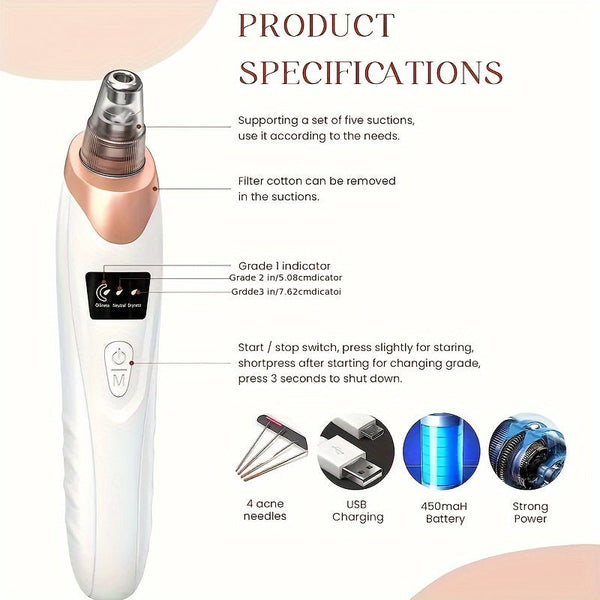 A Rechargeable Blackhead Cleaner and Acne Remover - Multifunctional Facial Skin Care Tool with Deep Pore Adsorption Function, without Flavor, Lithium Battery 400MAh, Suitable for Skin Cleaning, Anti - Aging and Wrinkle Reduction - Eco Explorer Hub