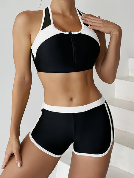 Contrast Color 2 Piece Set Bikini, Round Neck Boxer Short Bottom Swimsuits, Women's Swimwear & Clothing - Eco Explorer Hub