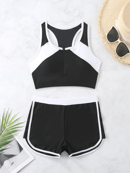 Contrast Color 2 Piece Set Bikini, Round Neck Boxer Short Bottom Swimsuits, Women's Swimwear & Clothing - Eco Explorer Hub