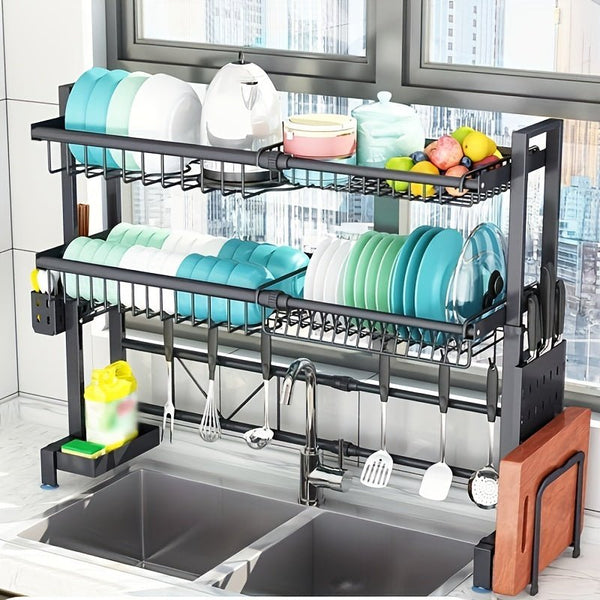 Expandable Stainless Steel Sink And Bowl Rack, 2 - layer Adjustable Stainless Steel Large Sink And Bowl Rack With Cutlery Rack And Kitchen Countertop Chopstick Rack, Equipped With Cutlery Rack, Black - Eco Explorer Hub