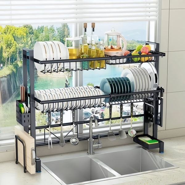 Expandable Stainless Steel Sink And Bowl Rack, 2 - layer Adjustable Stainless Steel Large Sink And Bowl Rack With Cutlery Rack And Kitchen Countertop Chopstick Rack, Equipped With Cutlery Rack, Black - Eco Explorer Hub