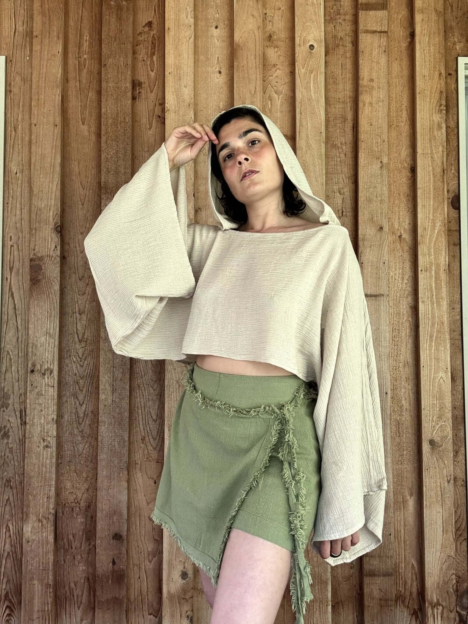 Hooded Cotton Long Sleeve Crop Top - Loose Boho Crop Hoodie - Cotton