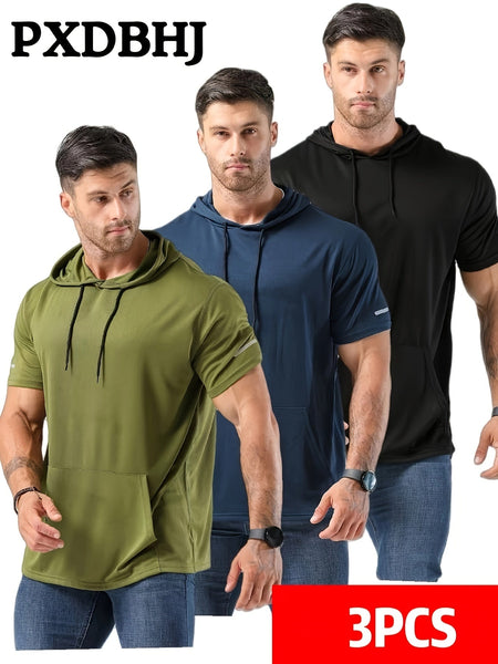 Men's 3pcs Athletic Hooded T-Shirts - Solid Color, Short Sleeve, Breathable Polyester, Machine Washable - Perfect for Running & Workouts - Eco Explorer Hub
