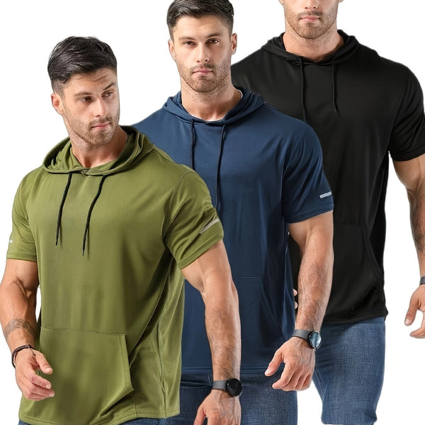 Men's 3pcs Athletic Hooded T-Shirts - Solid Color, Short Sleeve, Breathable Polyester, Machine Washable - Perfect for Running & Workouts - Eco Explorer Hub