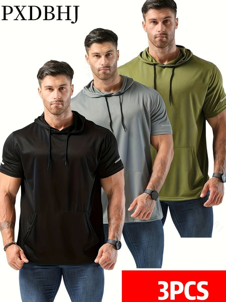 Men's 3pcs Athletic Hooded T-Shirts - Solid Color, Short Sleeve, Breathable Polyester, Machine Washable - Perfect for Running & Workouts - Eco Explorer Hub