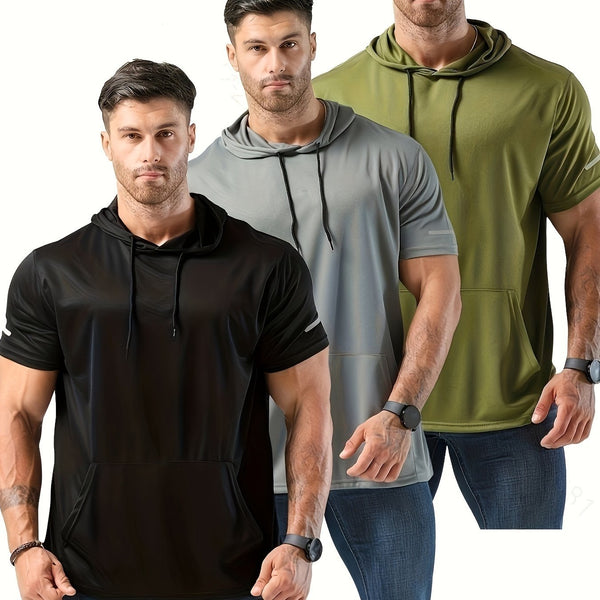 Men's 3pcs Athletic Hooded T-Shirts - Solid Color, Short Sleeve, Breathable Polyester, Machine Washable - Perfect for Running & Workouts - Eco Explorer Hub
