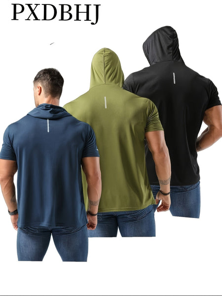 Men's 3pcs Athletic Hooded T-Shirts - Solid Color, Short Sleeve, Breathable Polyester, Machine Washable - Perfect for Running & Workouts - Eco Explorer Hub