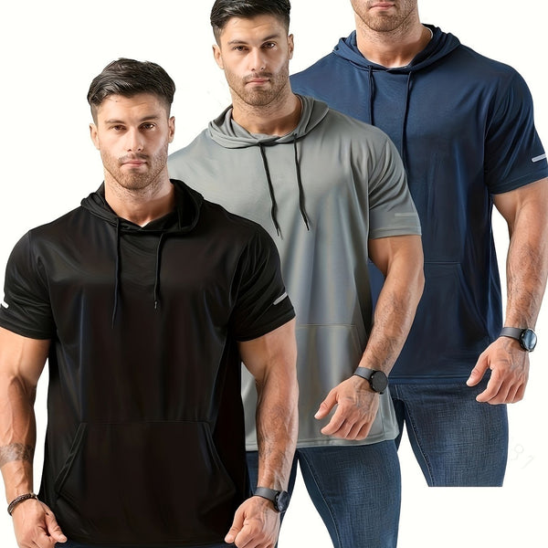 Men's 3pcs Athletic Hooded T-Shirts - Solid Color, Short Sleeve, Breathable Polyester, Machine Washable - Perfect for Running & Workouts - Eco Explorer Hub