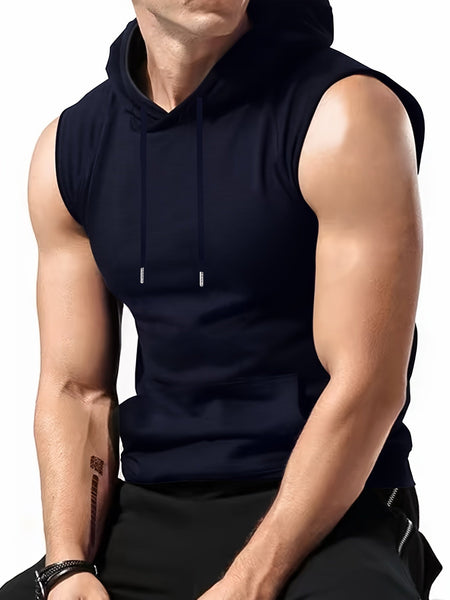Men's Solid Color Sleeveless T-shirt, Drawstring Hooded Tank Top, Casual Comfy Breathable Top For Outdoor Sports - Eco Explorer Hub