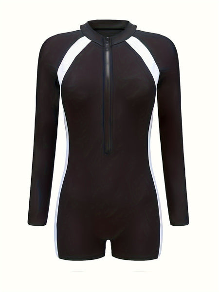 One - piece Swimsuit, Color Block Zipper Long Sleeve Black & White High Stretch Sun Protection Surfing Water Sports Rush Guard, Women's Swimwear & Clothing - Eco Explorer Hub