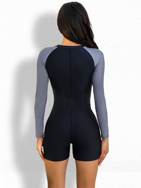 One - piece Swimsuit Contrast Color, Half Zipper Long Sleeves Boxer Short Bottom Surfing Water Sports Rush Guard, Women's Swimwear & Clothing - Eco Explorer Hub