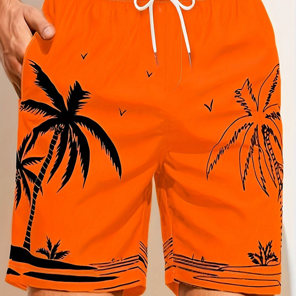 Quick Drying Mesh Lining Comfortable Breathable Palm Tree Pattern Drawstring Swim Trunks With 2 Pockets, Men's Pants Swimwear For Summer Vacation Resort Beach Pool - Eco Explorer Hub