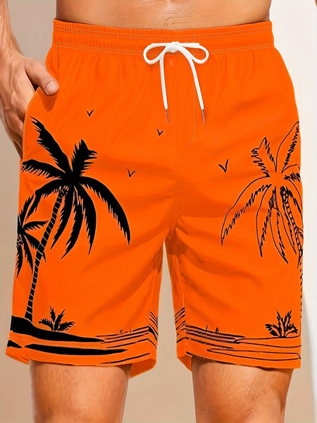 Quick Drying Mesh Lining Comfortable Breathable Palm Tree Pattern Drawstring Swim Trunks With 2 Pockets, Men's Pants Swimwear For Summer Vacation Resort Beach Pool - Eco Explorer Hub