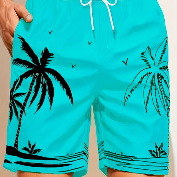 Quick Drying Mesh Lining Comfortable Breathable Palm Tree Pattern Drawstring Swim Trunks With 2 Pockets, Men's Pants Swimwear For Summer Vacation Resort Beach Pool - Eco Explorer Hub