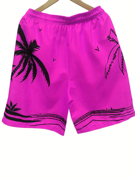 Quick Drying Mesh Lining Comfortable Breathable Palm Tree Pattern Drawstring Swim Trunks With 2 Pockets, Men's Pants Swimwear For Summer Vacation Resort Beach Pool - Eco Explorer Hub