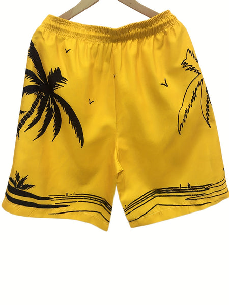 Quick Drying Mesh Lining Comfortable Breathable Palm Tree Pattern Drawstring Swim Trunks With 2 Pockets, Men's Pants Swimwear For Summer Vacation Resort Beach Pool - Eco Explorer Hub