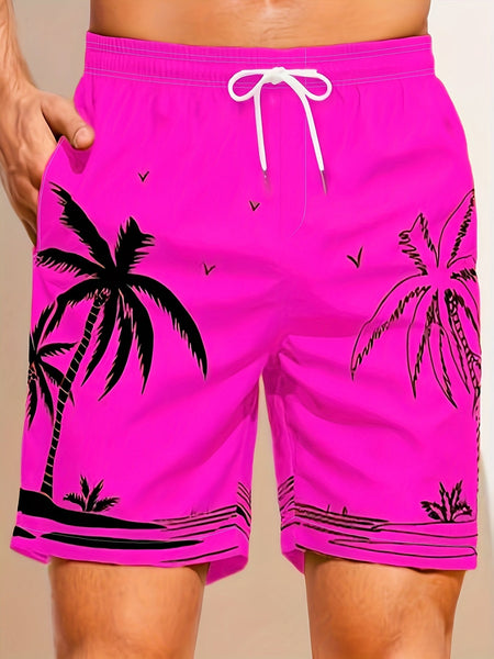 Quick Drying Mesh Lining Comfortable Breathable Palm Tree Pattern Drawstring Swim Trunks With 2 Pockets, Men's Pants Swimwear For Summer Vacation Resort Beach Pool - Eco Explorer Hub