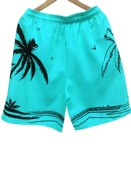 Quick Drying Mesh Lining Comfortable Breathable Palm Tree Pattern Drawstring Swim Trunks With 2 Pockets, Men's Pants Swimwear For Summer Vacation Resort Beach Pool - Eco Explorer Hub