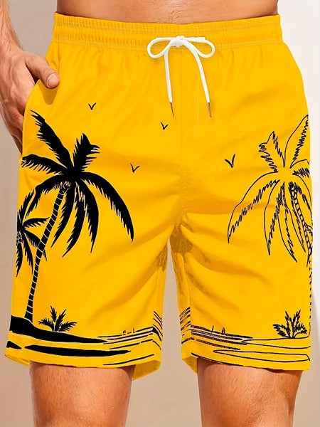 Quick Drying Mesh Lining Comfortable Breathable Palm Tree Pattern Drawstring Swim Trunks With 2 Pockets, Men's Pants Swimwear For Summer Vacation Resort Beach Pool - Eco Explorer Hub