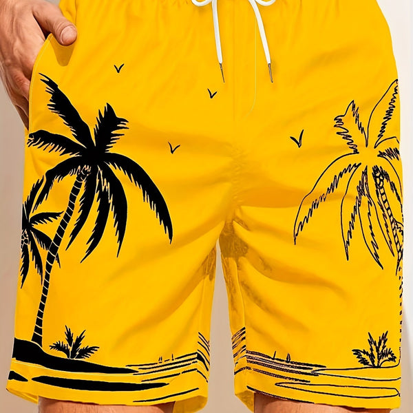 Quick Drying Mesh Lining Comfortable Breathable Palm Tree Pattern Drawstring Swim Trunks With 2 Pockets, Men's Pants Swimwear For Summer Vacation Resort Beach Pool - Eco Explorer Hub