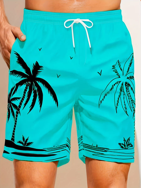 Quick Drying Mesh Lining Comfortable Breathable Palm Tree Pattern Drawstring Swim Trunks With 2 Pockets, Men's Pants Swimwear For Summer Vacation Resort Beach Pool - Eco Explorer Hub