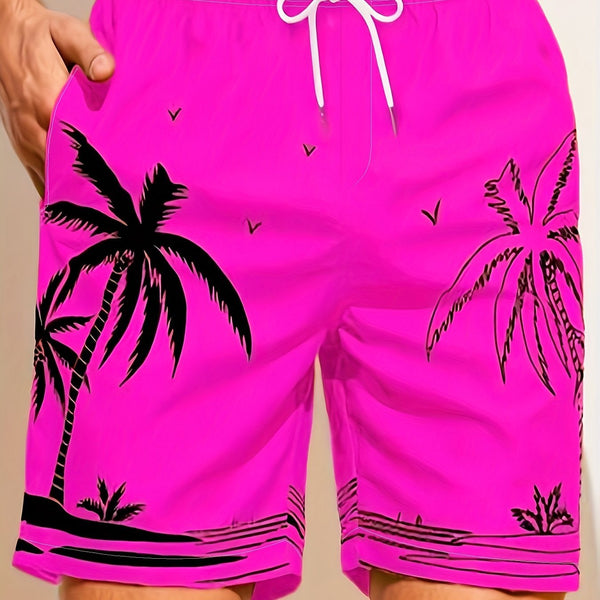 Quick Drying Mesh Lining Comfortable Breathable Palm Tree Pattern Drawstring Swim Trunks With 2 Pockets, Men's Pants Swimwear For Summer Vacation Resort Beach Pool - Eco Explorer Hub