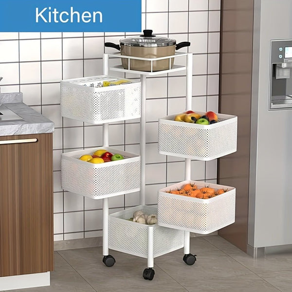 Rotating Kitchen Storage Shelf 5 Tier, Metal Fruit Vegetable Storage Basket Multi - Layer Vegetable Rack Storage Trolley On Wheels, Floor - Standing Basket For Kitchen Bathroom, Square - Eco Explorer Hub